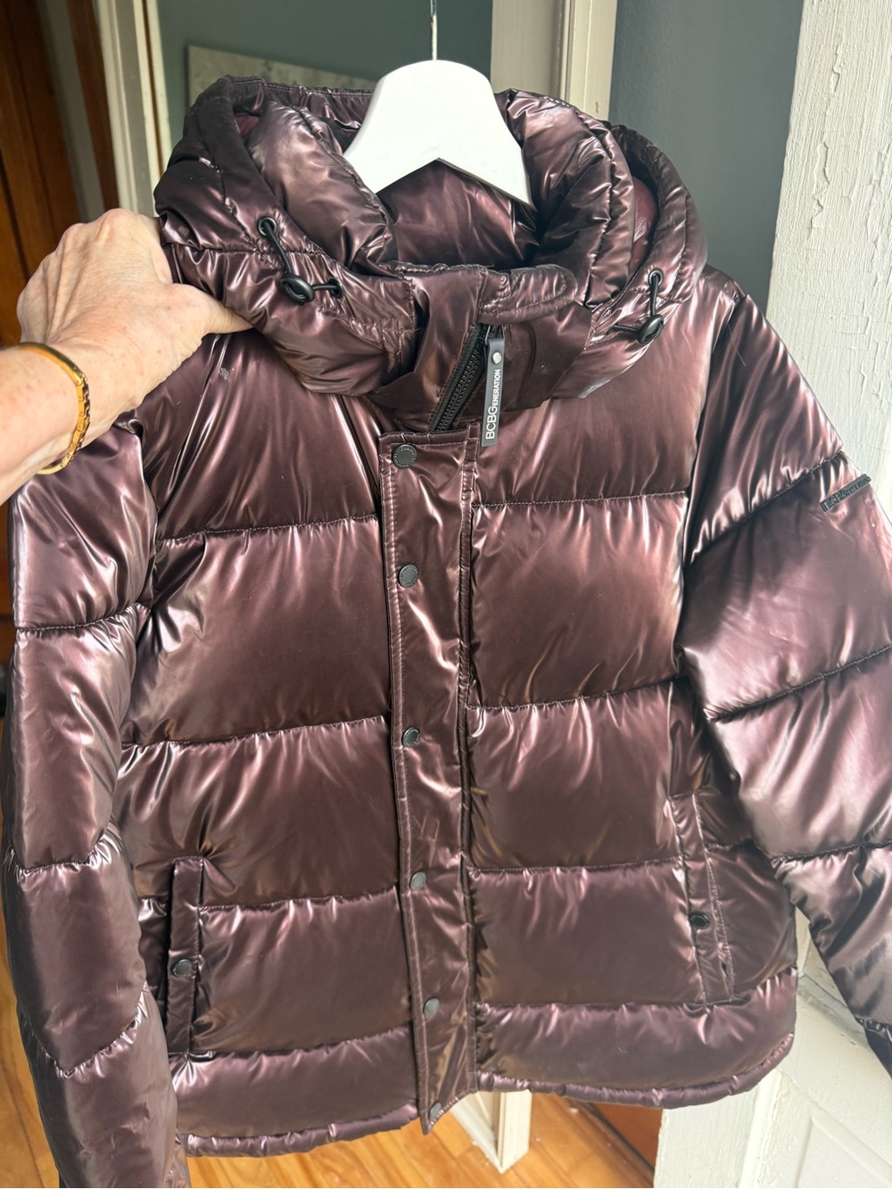 BCBG Shiny Quilted Puffer Jacket in raisin brown